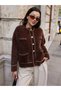 Brown Baby Collar Pearl Buttoned Double Pocket Cashmere Women's Knitwear Cardigan