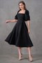 Atlas Fabric Strapless Neckline Short Balloon Sleeves Pleated Flared Cut Midi Length Black Evening Dress 167 - 5
