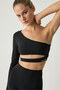 Miya Women's One Sleeve Open Neck Black T-Shirt