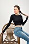 Women's Crew Neck Finger Detail Sports Bodysuit Basic Soft Touch Sports Crop Black
