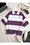 Men's Purple-White Ny Printed Striped Zippered Polo Collar Oversize Summer T-Shirt