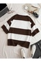 Men's Coffee-White Ny Printed Striped Zippered Polo Collar Oversize Summer T-Shirt - 2