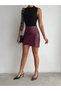 Women's Burgundy Faux Leather Front Gathered Button Detailed High Waist Asymmetrical Mini Skirt - 3
