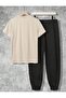 Men's a Chest Printed T-Shirt Sweatpants Jogger Comfortable Fit Beige Sweatpants Set New Model - 3