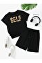 Women's Black Printed T-Shirt - Comfortable Fit, Loose Leg, Short Set