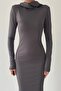 Grey Sandy Fabric Hooded Neckline Long Sleeve Midi Evening Dress 293 - 2