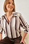 Women's Ecru Brown Striped Button Closure Satin Shirt 2011 60261333
