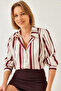 Women's Ecru Burgundy Striped Button Closure Satin Shirt 2011 60261333