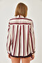 Women's Ecru Burgundy Striped Button Closure Satin Shirt 2011 60261333 - 6