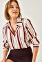 Women's Ecru Burgundy Striped Button Closure Satin Shirt 2011 60261333 - 2