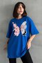 Women's Blue Floral Butterfly Printed Crew Neck Oversize T-Shirt