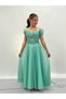 Girl's Green Strap Shoulder Detailed Sparkly Tulle Long Evening Dress 10-15 Years