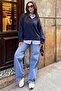 Navy Blue V-Neck Oversize Women's Knitwear Sweater Mg2149 - 8