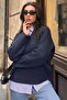 Navy Blue V-Neck Oversize Women's Knitwear Sweater Mg2149 - 7