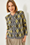 Women's Gray Diamond Pattern Crew Neck Buttoned Knitwear Cardigan 241152 60261341 - 2