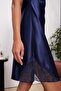 Satin Lace Women's Nightgown and Dressing Gown Set - 4510 Navy Blue - 6