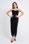 Women's Black Strapless Beaded Midi Evening Dress