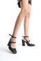 Black Skin Square Toe Buckle High Heeled Shoes - 2