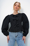 Women's Black Crew Neck Tie-Detail Bow Princess Sleeve Poplin Blouse ALC-X13375
