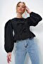 Women's Black Crew Neck Tie-Detail Bow Princess Sleeve Poplin Blouse ALC-X13375 - 4
