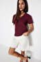 Koyu Vişne %100 Pamuk Basic V Yaka  Örme T-Shirt TWOSS23TS00001 - 3