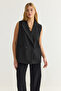 Siyah Oversize Leopar Astarlı Cep Detaylı Dokuma Kruvaze  Yelek TWOSS25YE00014 - 2