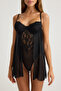 Siyah Çıtçıtlı ve Tül Detaylı Dantel Kapsız Tanga Örme Babydoll/Fantezi Gecelik THMSS25LL00001 - 4