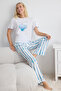 Beyaz-Mavi Çizgili Baskılı Baby Overlok Detaylı Üst Örme Alt Viskon Dokuma Pijama Takımı THMSS25PT00141 - 2