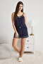 Lacivert Dantel ve Kurdele/Fiyonk Detaylı Şortlu Örme Pijama Takımı THMSS25PT00059