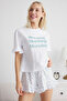 Beyaz-Çok Renkli %100 Pamuklu Çiçekli ve Sloganlı Volanlı Şortlu Örme Pijama Takımı THMSS25PT00204 - 2