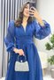 Asymmetrical Hem Watermelon Sleeve Princess V-Neck Evening Dress Emerald Green, Black, Cream, Powder, Oil Blue - 3