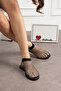 Women's Black Mesh Stone Detailed Elastic Oliva Model Flat Sole Slippers Sandals