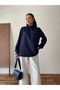 Navy Blue Gathered Long Sleeve Crepe Blouse - 4