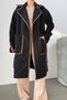 Women's Black Cashmere Coat with Belt, Embroidered Large Pockets, Double-Breasted Collar - 5