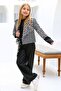Girls' Leopard Print and Houndstooth Leather Detail Jacket and Loose Fit Trousers Black Two-Piece Set