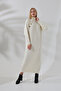Half Turtleneck Stand Collar Long Sleeve Asymmetrical Button Detail Soft Textured Full Ankle Length Knitwear Dress - 5