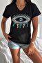 Women's Black V-Neck Eye Pattern Sequin Sequin Embroidered Tassels 100% Cotton T-Shirt - 4