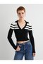 Polo Neck Striped Crop Knitwear Sweater Long Sleeve Slim Fit - 3