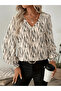 V-Neck Patterned Long Sleeve Women's Blouse | Smocked Sleeve Detail | Chic Single Jersey Fabric