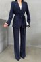 Women's Striped Blazer Jacket and Trousers Set, Navy Blue - 5
