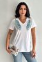 Women's White V-Neck Shoulder Leaf Sequin Sequin Embroidered 100% Cotton T-Shirt - 8
