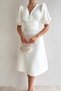 Women's Cotton Atlas Fabric Button Detail V-Neck Short Sleeve Midi Length White Evening Dress 153