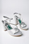 Women's Single Stone Silver Satin Platform Heeled Shoes - 4