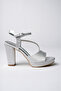 Women's Single Stone Silver Satin Platform Heeled Shoes - 5
