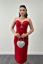 Atlas Fabric Strap Sequin Detailed Pencil Dress - Red - 3