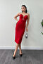 Atlas Fabric Strap Sequin Detailed Pencil Dress - Red - 2