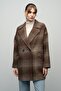 Plaid Patterned Double-Breasted Oversize Coat Brown 3020 - 4