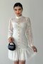 Women's Lace Guipure Fabric Button Detail See-Through Design Mini Flared White Dress 285