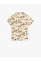 Palm Print Button Detail Viscose Short Sleeve Shirt
