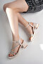 Women's Leather Stripe Stone Cross Thick Heeled Shoes - 3
